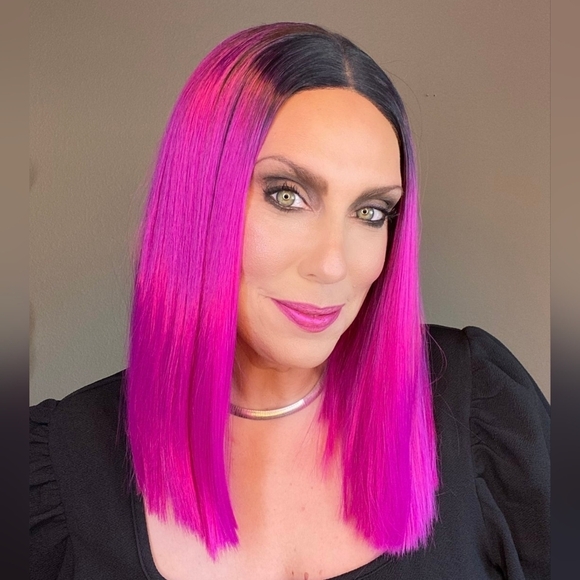 Hot Pink Fuchsia & Dark Root Blunt Straight Lace Front Wig - Picture 2 of 9
